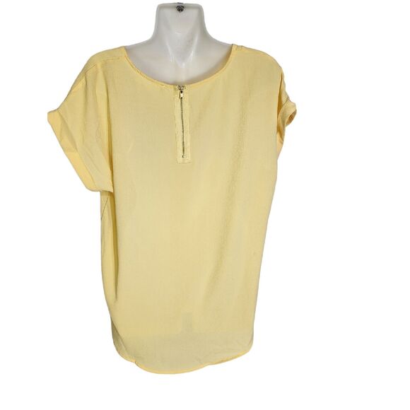 Hippie Rose Women Top Large Yellow Short Sleeve Roll Tab Stretch Hi Low Textured - Picture 2 of 10